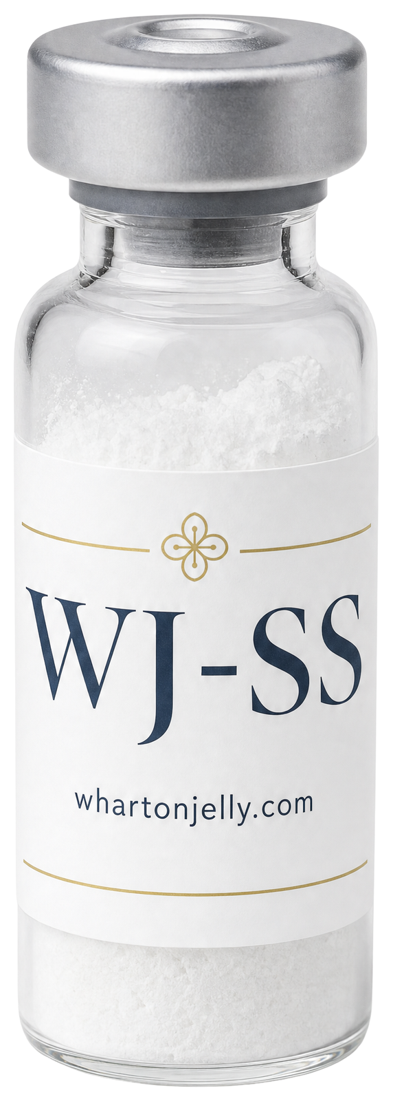 WJ-SS vial — lyophilized Wharton's Jelly derived formulation in a clear amber-free glass vial with an aluminium seal